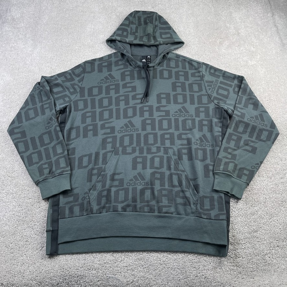 Adidas Hoodie Mens Medium Grey Logo AOP French Terry‎ Pullover Sweatshirt